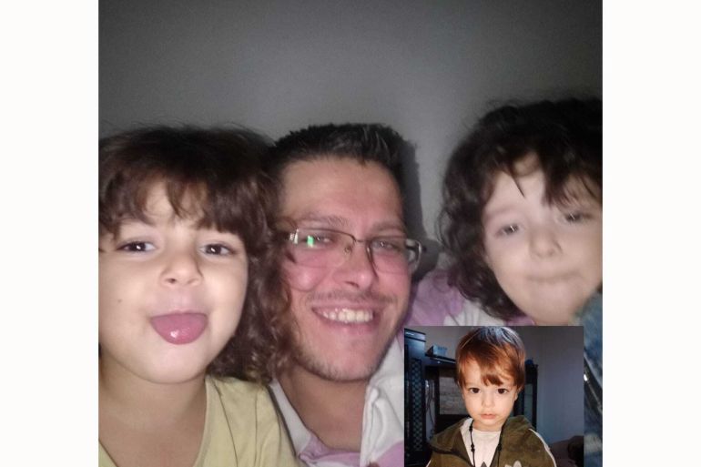 A smiline Ramy with two of his children and inset is a photo of him as a child