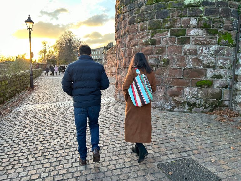 Waheed and Palwasha walking along the River Dee in Chester on a Thursday afternoon-1702406983