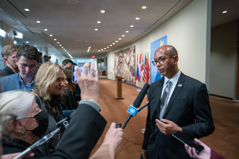 Ambassador Robert Wood speaks to reporters during a press conference before the United Nations Security Council meeting