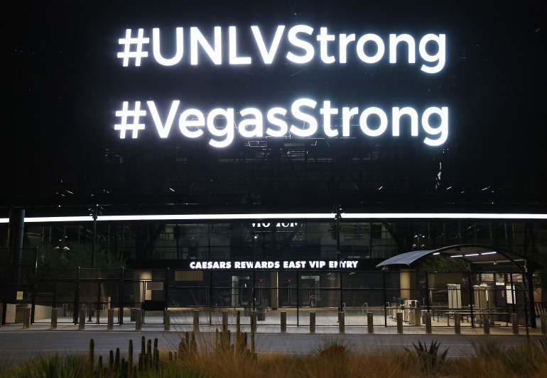  message reading "#UNLVStrong #VegasStrong" is displayed at Allegiant Stadium on December 06, 2023 in Las Vegas, Nevada.