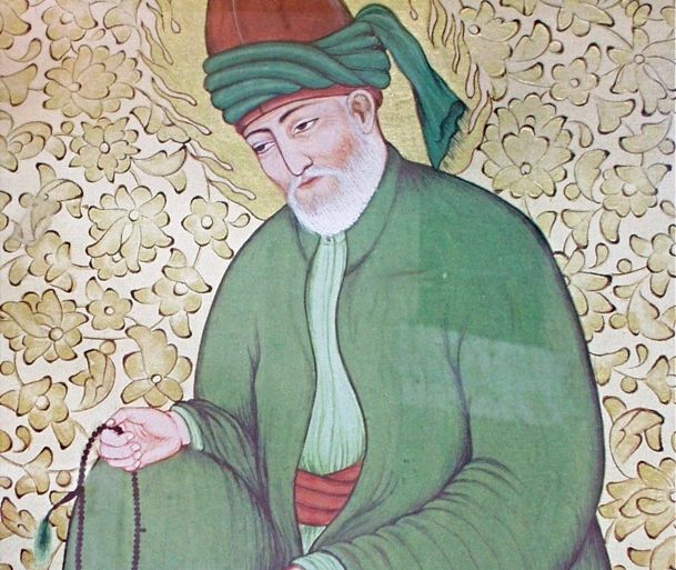 Painted picture of Persian poet Rumi (1207-1273 CE) under glass on the outside of the museum office at Rumi's Mosque, Konya
