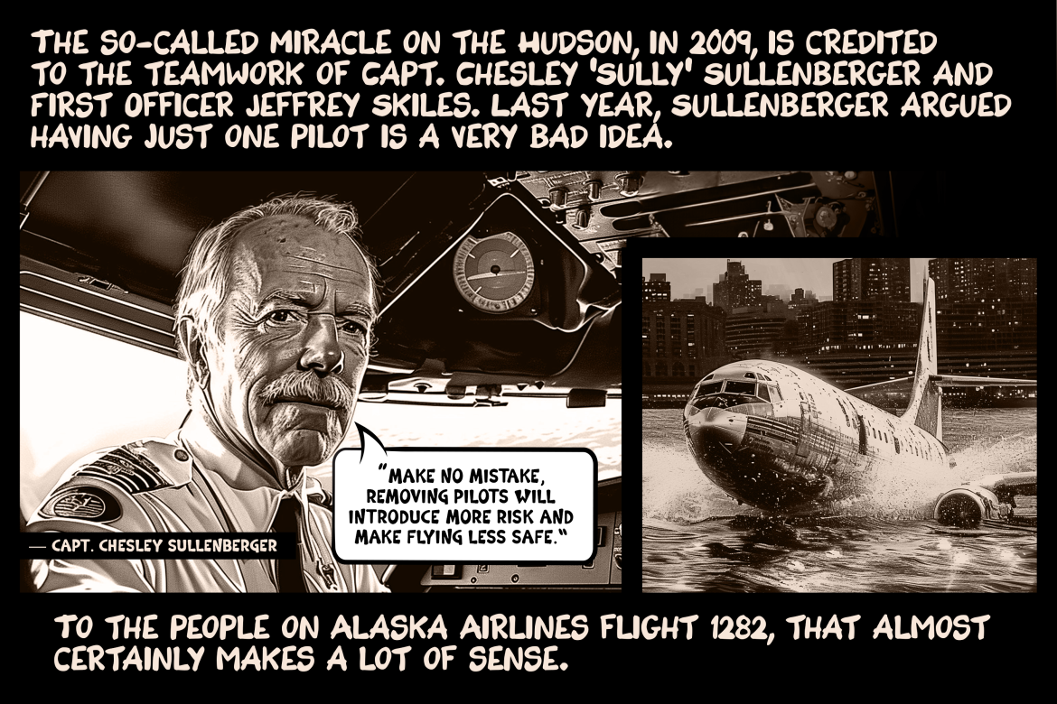 The so-called Miracle on the Hudson, in 2009, is credited to the teamwork of Capt. Chesley ‘Sully’ Sullenberger and First Officer Jeffrey Skiles. Last year, Sullenberger argued having just one pilot is a very bad idea. “Make no mistake, removing pilots will introduce more risk and make flying less safe,” Sullenberger said. To the people on Alaska Airlines flight 1282, that almost certainly makes a lot of sense.