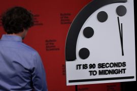 The clock with the Bulletin of the Atomic Scientists is placed in a studio ahead of the announcement of the location of the minute hand on its Doomsday Clock