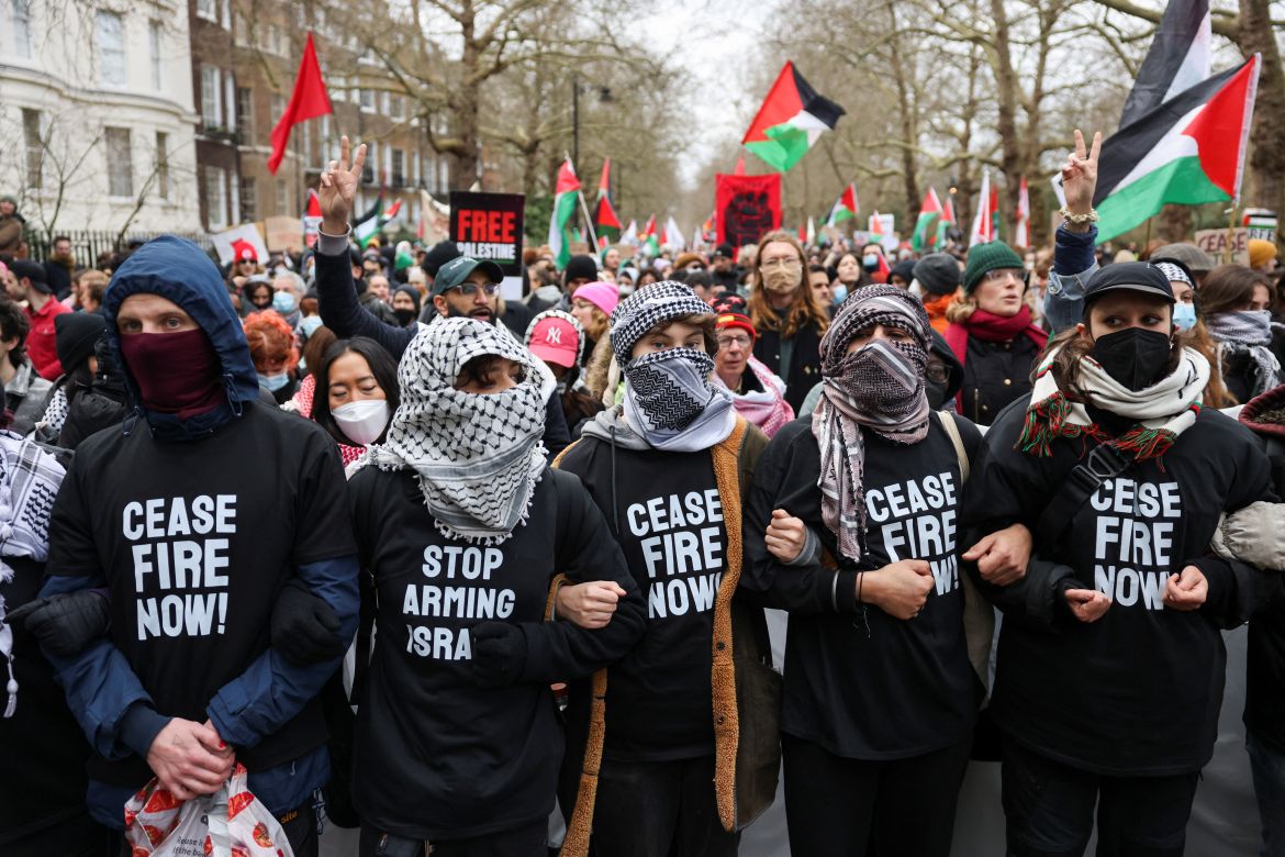 People take part in a protest in solidarity with Palestinians in Gaza, amid the ongoing conflict between Israel and the Palestinian Islamist group Hamas, in London, Britain, January 6