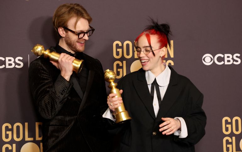 Billie Eilish and Finneas O'Connell, winners of Best Original Song - Motion Picture for "What Was I Made For?" from "Barbie", pose at the 81st Annual Golden Globe Awards.