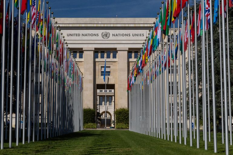 The flag alley at the United Nations European headquarters is seen during the Human Rights Council in Geneva