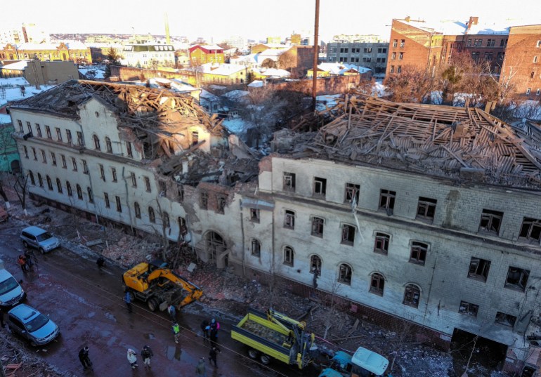 A general view shows a building heavily damaged by a Russian missile strike, amid Russia's attack on Ukraine, in central Kharkiv