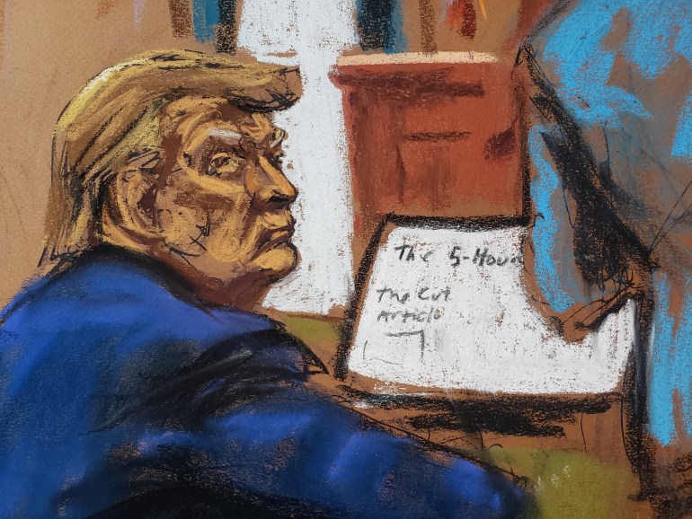 A court sketch showing former U.S. President Donald Trump looks on as his attorney Alina Habba, delivers closing arguments during E. Jean Carroll’s second civil 
