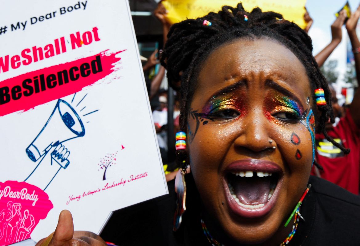 A human rights activist reacts as she attends a protest demanding an end to femicides in the country in Kenya's capital, Nairobi, January 27