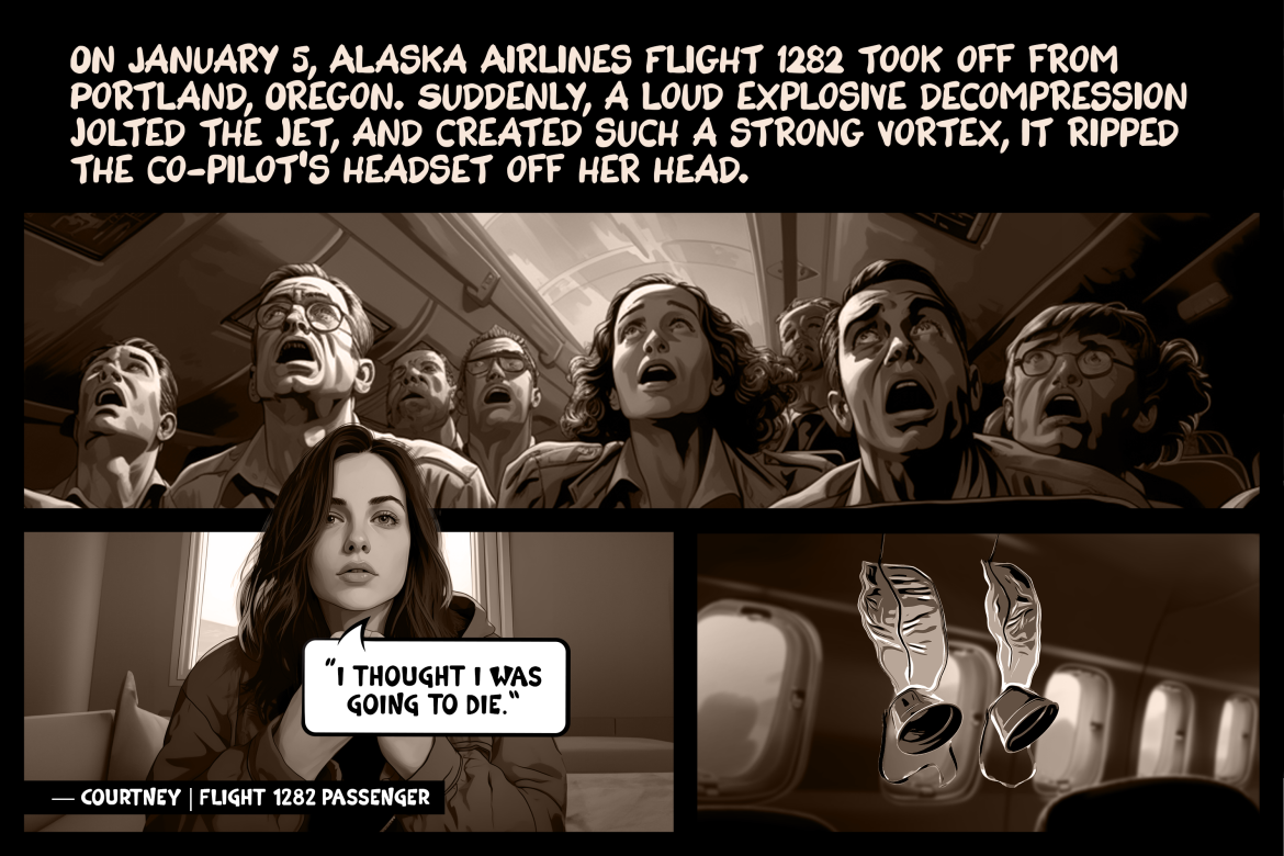 On January 5, Alaska Airlines Flight 1282 took off from Portland, Oregon. Suddenly, a loud explosive decompression jolted the jet, and created such a strong vortex, it ripped the co-pilot’s headset off her head.