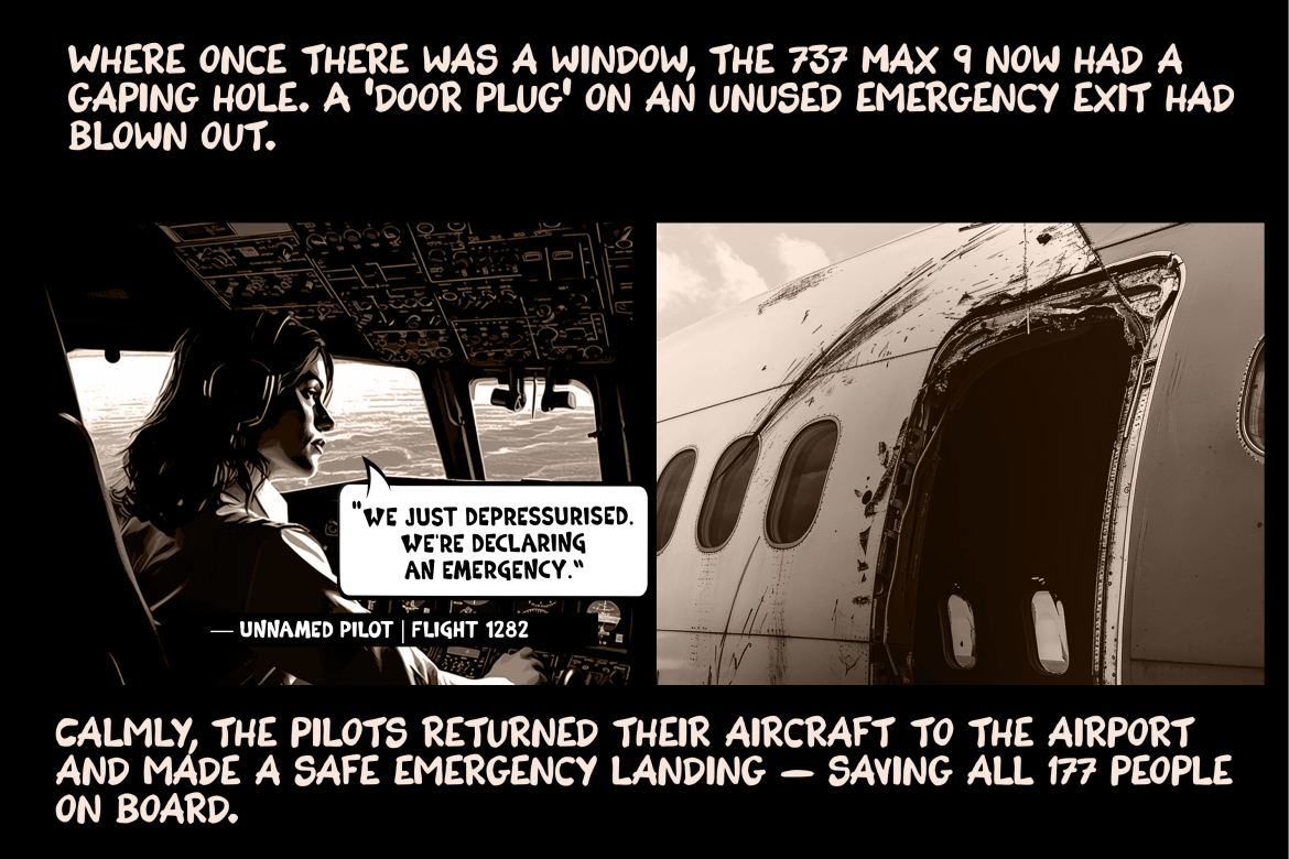Where once there was a window, the 737 Max 9 now had a gaping hole. A ‘door plug’ on an unused emergency exit had blown out. Calmly, the pilot returned her aircraft to the airport and made a safe emergency landing — saving all 177 people on board.