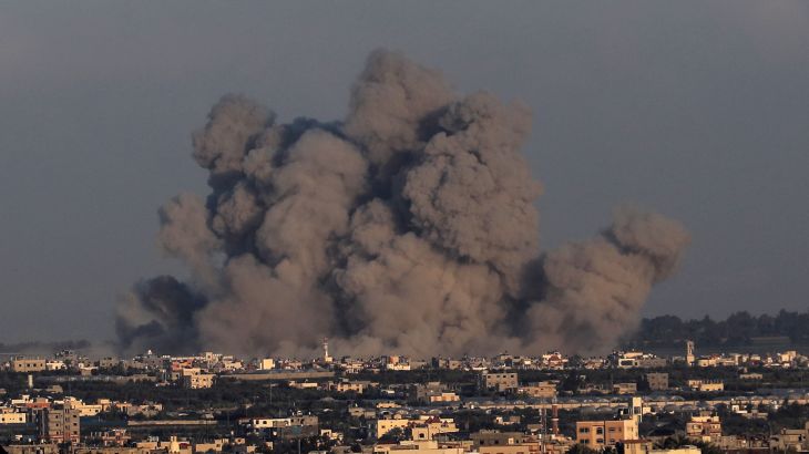 Smoke rises over buildings following the Israeli attacks on Khan Yunis, Gaza on January 04, 2024.