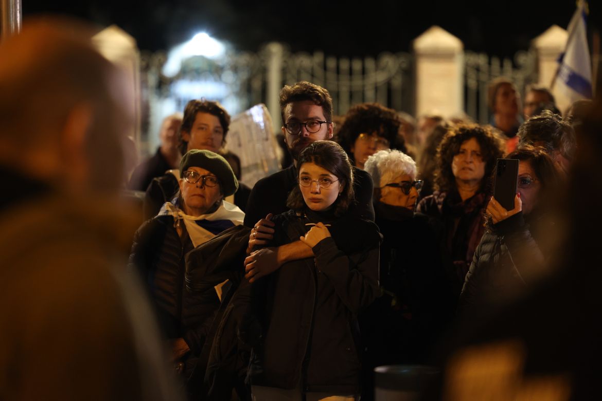 People gather in front of the house of Israeli President Isaac Herzog to demonstrate demanding the release of prisoners held by Hamas in Jerusalem on January 06