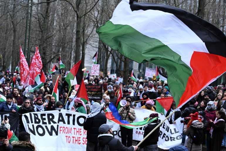 Protestocular büyük bir Filistin bayrağı sallıyor
