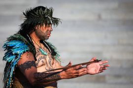 A Maori warrior takes part of a welcoming Ceremony for US Secretary of State Antony Blinken (out of frame) at Parliament during a two day visit to Wellington on July 27, 2023.