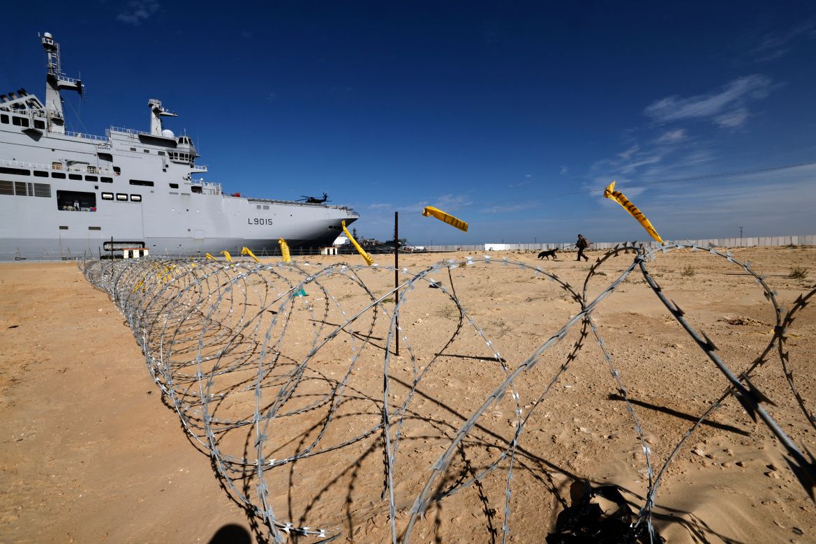 This photographe taken on January 21, 2024 shows a view of the French LHD Dixmude military ship, which serves as a hospital to treat wounded Palestinians, as it docks at the Egyptian port of Al-Arish