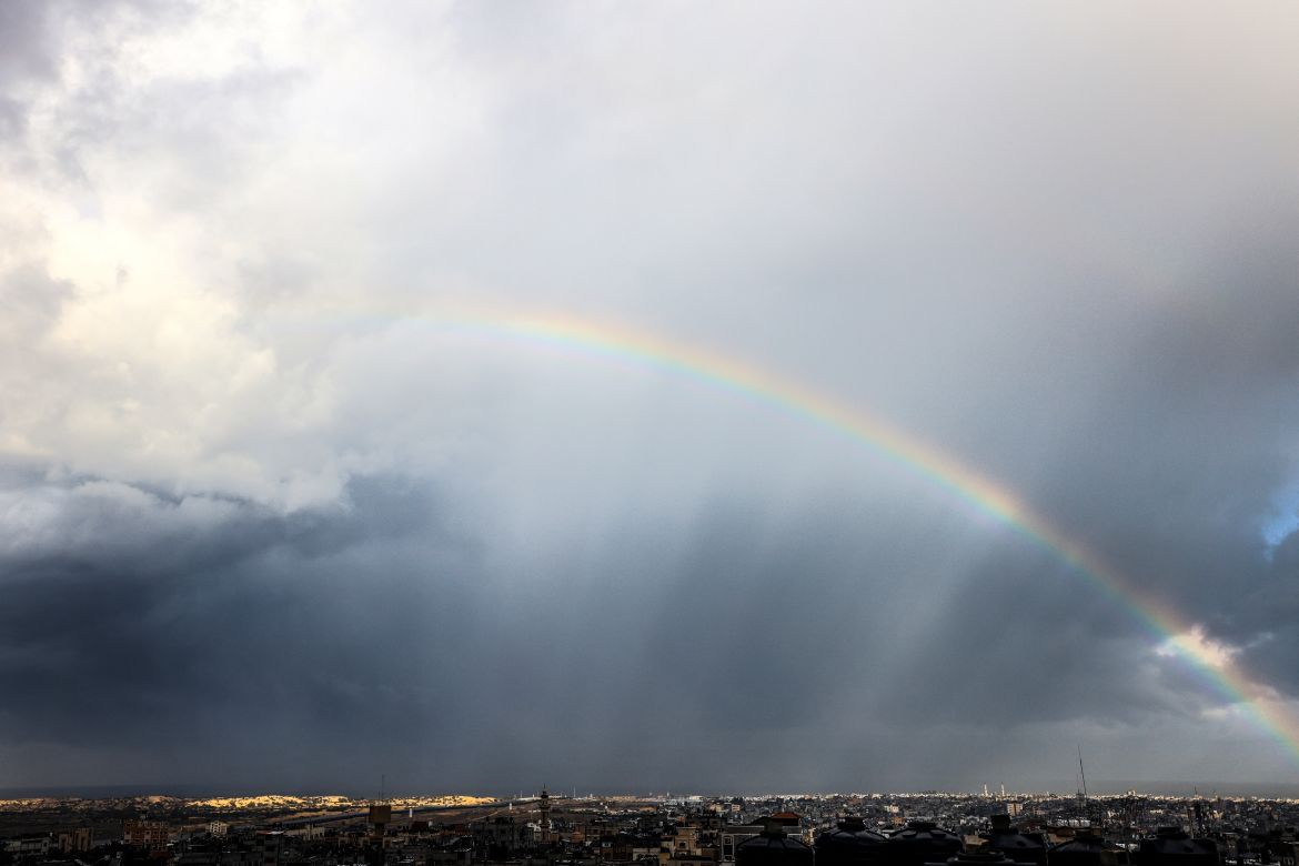 A rainbow appears over Rafah in the southern Gaza Strip, following heavy rainfall on January 27