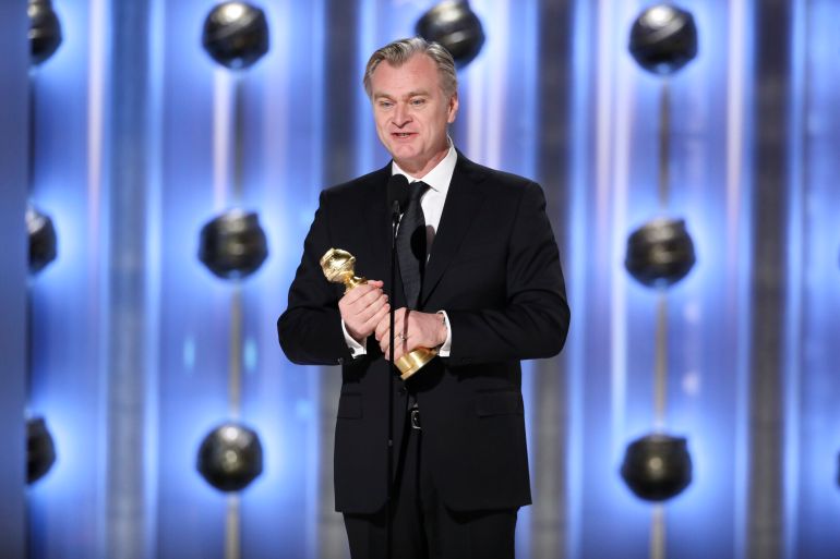 Christopher Nolan accepting the award for best director for "Oppenheimer" during the 81st Annual Golden Globe Awards 