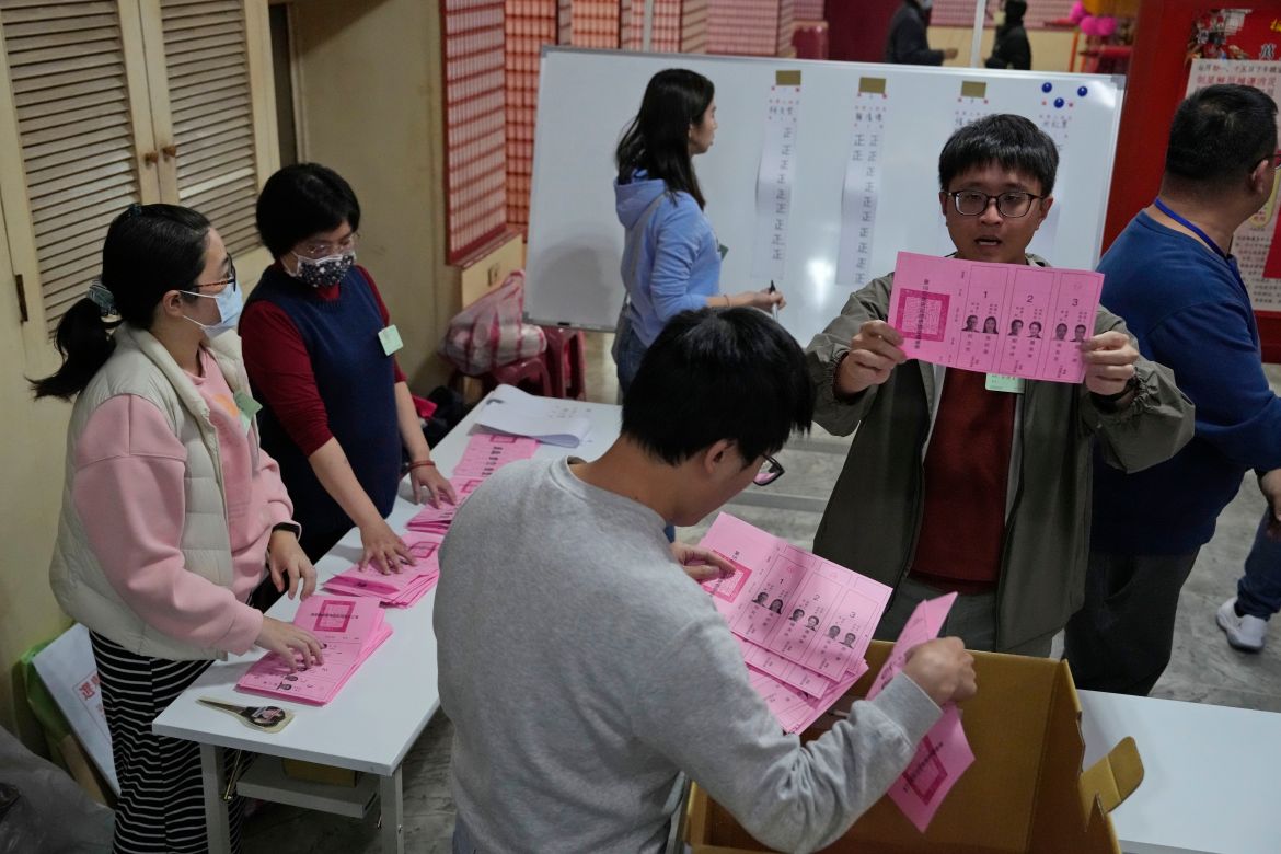 Polling officers count votes in New Taipei City, Taiwan, Saturday, Jan. 13
