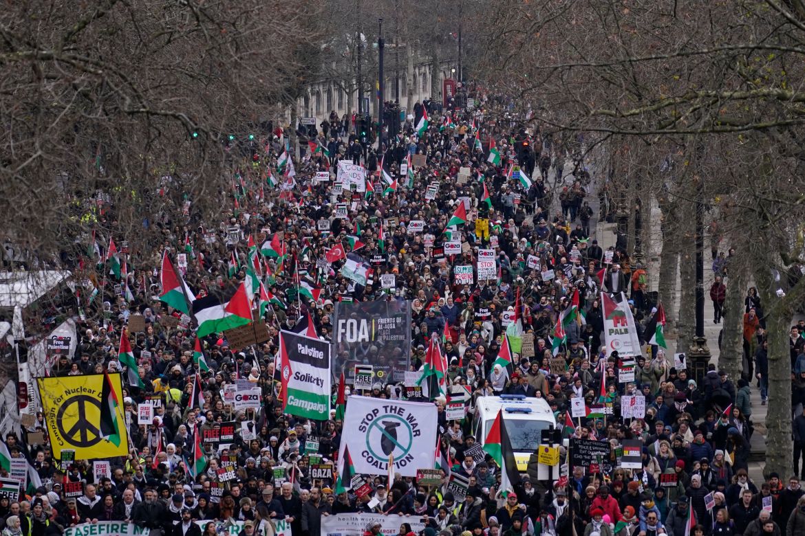 Protesters hold up banners, flags and placards during a demonstration in support of Palestinian people in Gaza, in London, Saturday