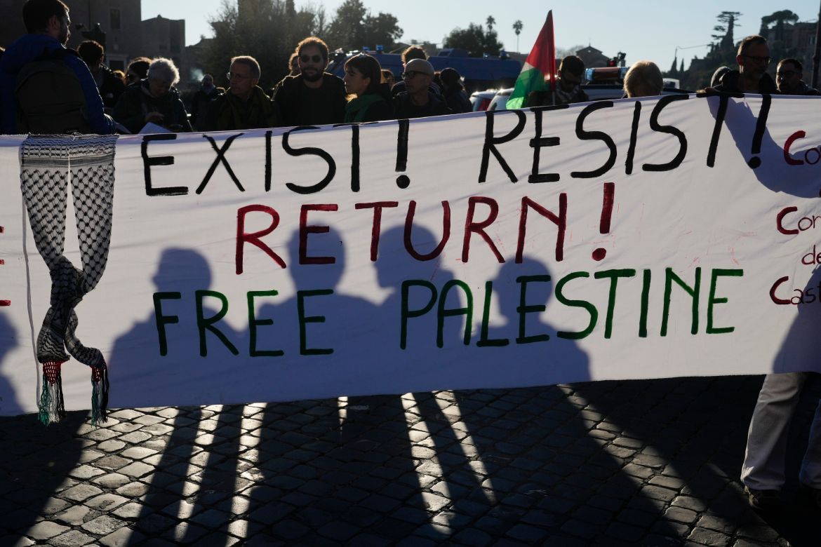 Protesters gather during a rally in support of the Palestinians in Rome
