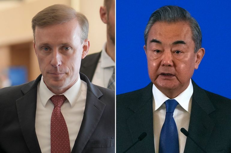 U.S. National Security Advisor Jake Sullivan, left, in Davos, Switzerland, on Jan. 16, 2024 and Chinese Foreign Minister Wang Yi