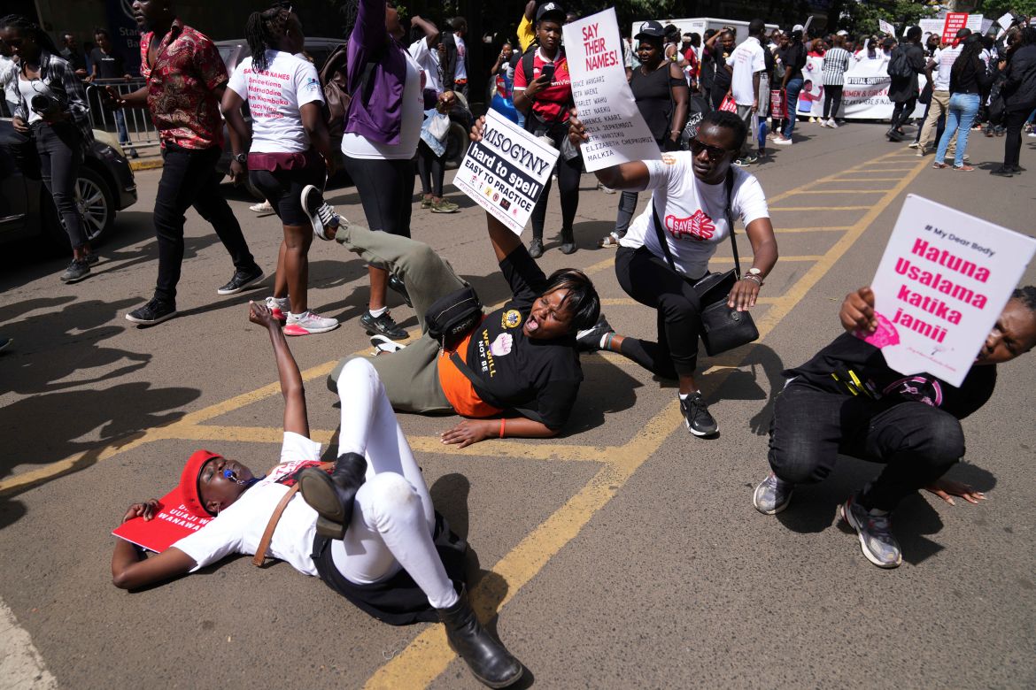Women and feminists in Kenya react against the rising cases of femicide, in downtown Nairobi, Kenya Saturday, Jan. 27
