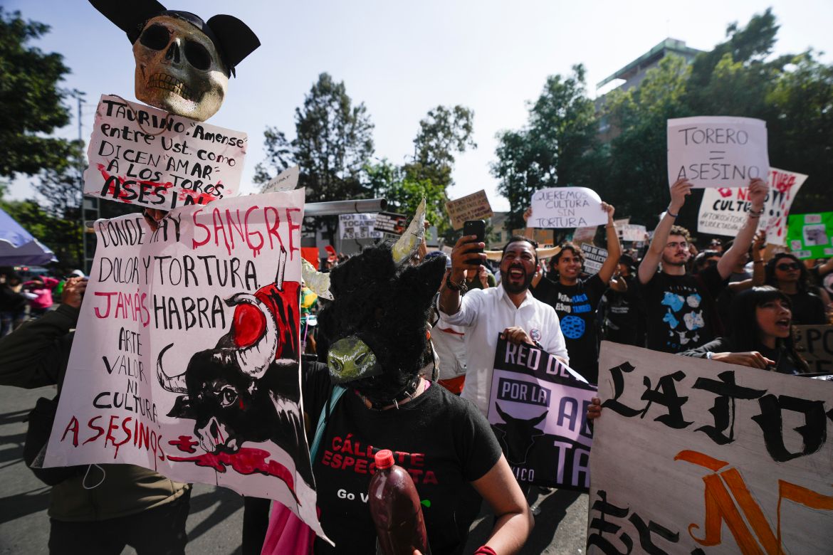 Animal activists protest against the return of bullfighting at the Plaza Mexico