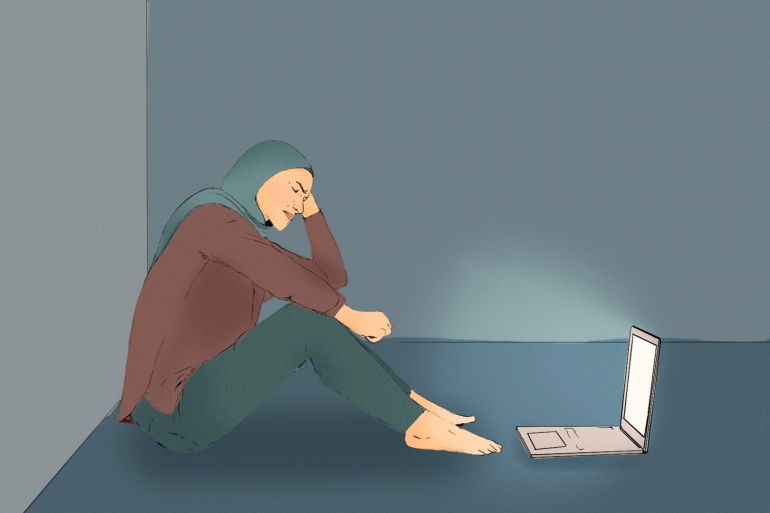 An illustration showing a woman sitting on the floor in front of a computer appearing sad and in despair