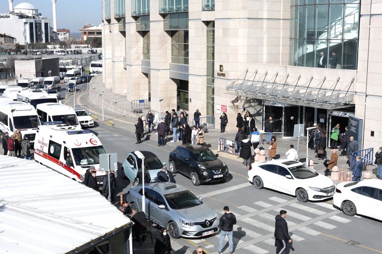 Police secure the area following an attack in front of the Istanbul court, Turkey