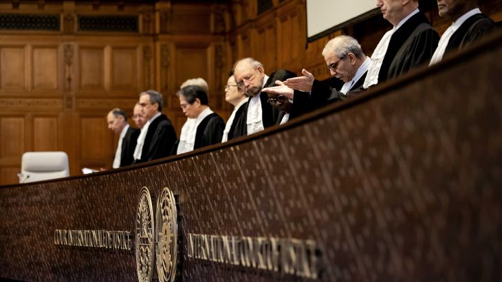 Nawaf Salam (C), President of the Court presides over a hearing at the International Court of Justice (ICJ) on the legal consequences of the Israeli occupation of Palestinian territories