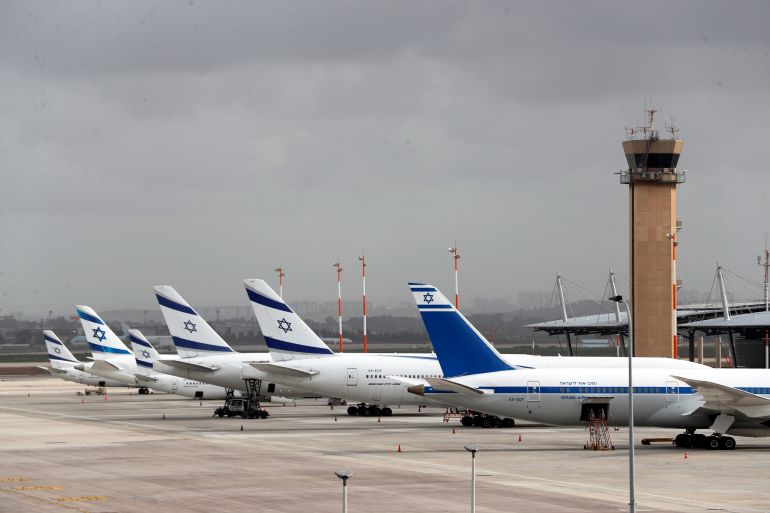 El Al Israel Airlines planes are seen on the tarmac at Ben Gurion International airport in Lod, near Tel Aviv