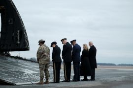 US President Joe Biden attends the arrival of the remains of three US service members in Dover, Delaware on February 2, 2024, after they were killed in Jordan during a drone attack [Michael A McCoy/Reuters]