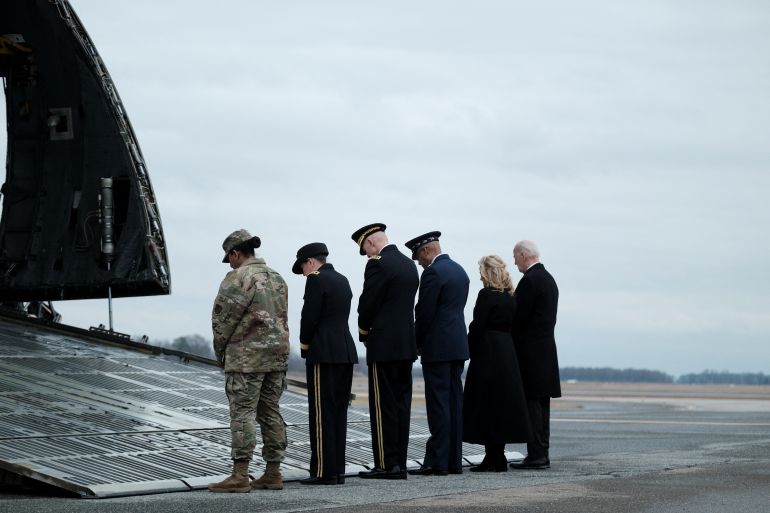 U.S. President Joe Biden attends the dignified transfer of the remains of Army Reserve Sergeants William Rivers, Kennedy Sanders and Breonna Moffett, three U.S. service members who were killed in Jordan during a drone attack carried out by Iran-backed militants, at Dover Air Force Base in Dover, Delaware, U.S., February 2, 2024. REUTERS/Michael A. McCoy