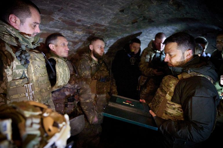Ukrainian President Volodymyr Zelenskyy meeting troops near the front line in Robotyne