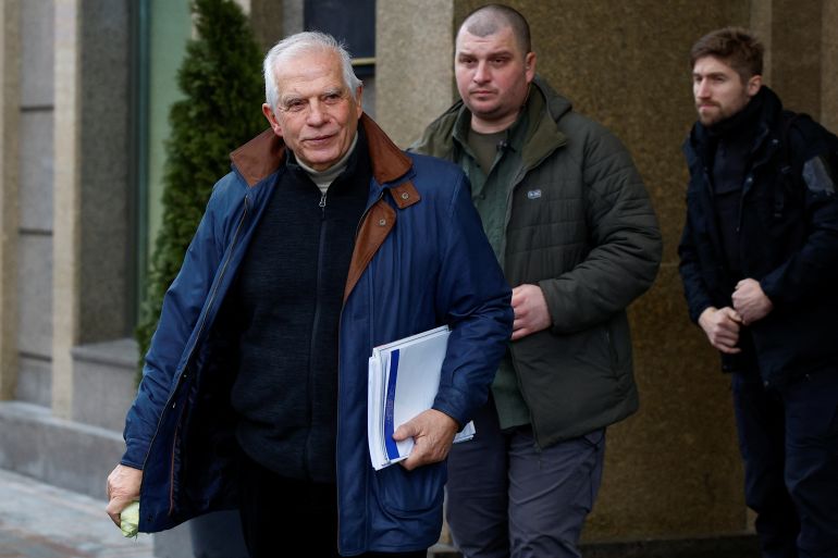 European Union Foreign Policy Chief Josep Borrell walks down a street during a visit to the capital, amid Russia's attack on Ukraine, in Kyiv, Ukraine February 6, 2024. REUTERS/Valentyn Ogirenko