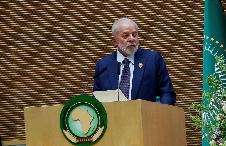 Brazil's President Luiz Inacio Lula da Silva addresses the opening of the 37th Ordinary Session of the Assembly of the African Union at the African Union Headquarters, in Addis Ababa