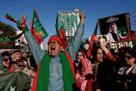 Supporters of former Prime Minister Imran Khan&#039;s party, the Pakistan Tehreek-e-Insaf, demand free and fair results of the elections outside the provincial election commission office in Karachi on February 17, 2024 [Akhtar Soomro/Reuters]