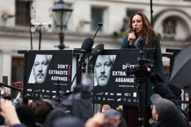 Stella Assange, the wife of WikiLeaks founder Julian Assange, speaks to the supporters outside the high court, on the day Assange appeals against his extradition to the United States, in London, UK, February 21, 2024 [Toby Melville/Reuters]