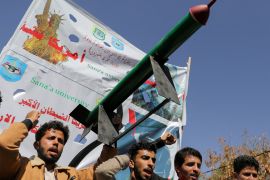 University students in Sanaa, Yemen carry a mock missile during a rally to show support for the Palestinians in the Gaza Strip as well as strikes by the Houthis on ships in the Red Sea and the Gulf of Aden [File: Khaled Abdullah/ Reuters]