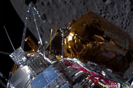 Intuitive Machines&#039; Odysseus spacecraft passes over the near side of the moon following lunar orbit insertion on February 21, 2024 [Machines/Handout/Reuters]