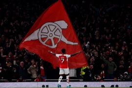 Arsenal&#039;s Bukayo Saka celebrates scoring their third goal against Newcastle United [Andrew Couldridge/Reuters]