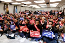 South Korean doctors shout slogans in a meeting ahead of a rally in front of the Presidential Office, to protest against the government&#039;s medical policy in Seoul, South Korea, February 25, 2024 [Kim Soo-hyeon/Reuters]