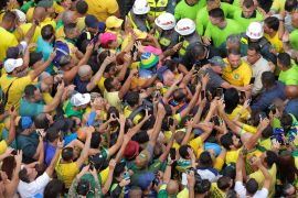 Brazil&#039;s former president, Jair Bolsonaro, rallies with his supporters on Paulista Avenue in Sao Paulo, Brazil, February 25, 2024 [Carla Carniel/Reuters]