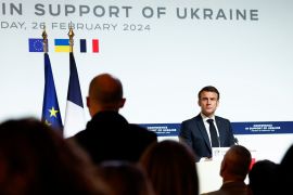French President Emmanuel Macron speaks at the end of a conference in support of Ukraine with European leaders and government representatives, held at the Elysee Palace in Paris, on February 26, 2024 [Gonzalo Fuentes/Reuters]