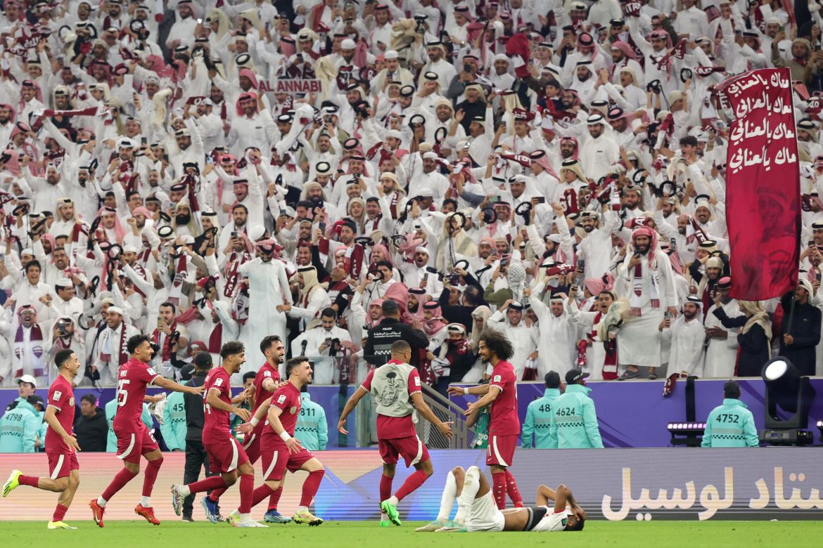 Qatar's players celebrate after winning the AFC Qatar 2023 Asian Cup