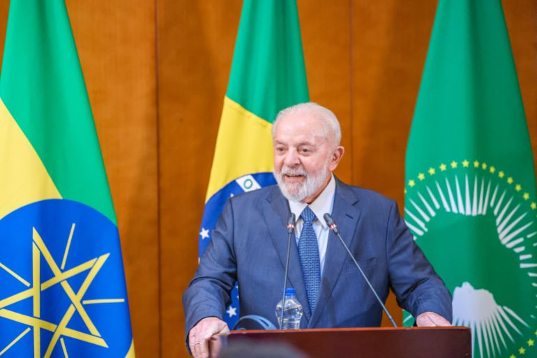 This handout picture released by the Brazilian Presidency shows Brazil's President Luiz Inacio Lula da Silva speaking during a press conference in Addis Ababa on February 18, 2024. (Photo by Ricardo STUCKERT / Brazilian Presidency / AFP) / RESTRICTED TO EDITORIAL USE - MANDATORY CREDIT "AFP PHOTO / BRAZILIAN PRESIDENCY / RICARDO STUCKERT" - NO MARKETING - NO ADVERTISING CAMPAIGNS - DISTRIBUTED AS A SERVICE TO CLIENTS - RESTRICTED TO EDITORIAL USE - MANDATORY CREDIT "AFP PHOTO / BRAZILIAN PRESIDENCY / RICARDO STUCKERT" - NO MARKETING - NO ADVERTISING CAMPAIGNS - DISTRIBUTED AS A SERVICE TO CLIENTS /