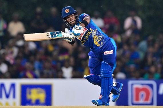 Sri Lanka's Pathum Nissanka plays a shot during the second Twenty20 international cricket match between Sri Lanka and Afghanistan at the Rangiri Dambulla International Cricket Stadium in Dambulla