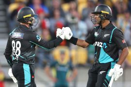 Devon Conway (left) and Rachin Ravindra shared a 113-run partnership for New Zealand in the first T20 against Australia at Sky Stadium in Wellington [Marty Melville/AFP]