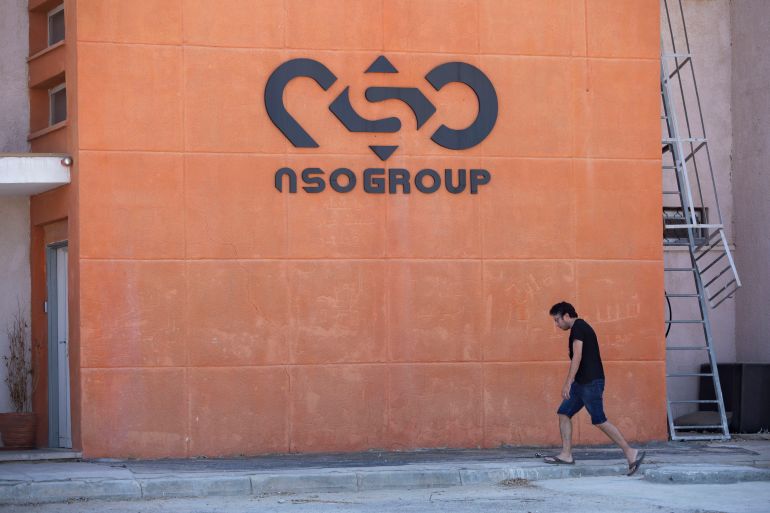 A logo adorns a wall on a branch of the Israeli tech company NSO Group, near the southern Israeli town of Sapir